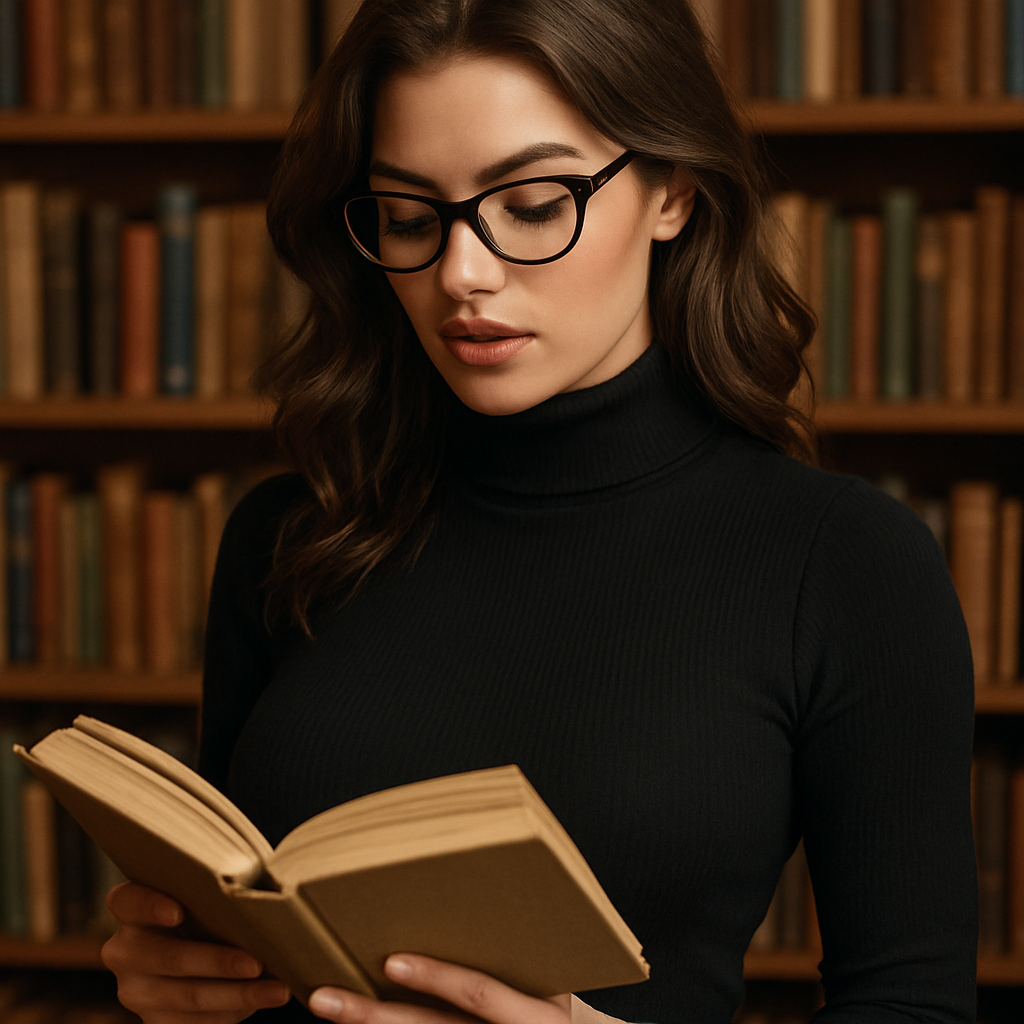 A sexy librarian wearing a turtleneck and glasses reading a book
